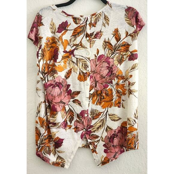 TOP/BLOUSE-NICOLE MILLER-Linen-Fall Floral Colors-Button Back-Short Sleeves-LRG - Picture 2 of 12